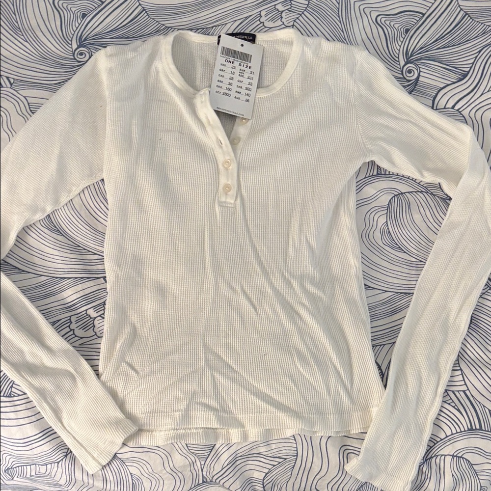 Brandy Melville White Long Sleeve Waffle Henley Top